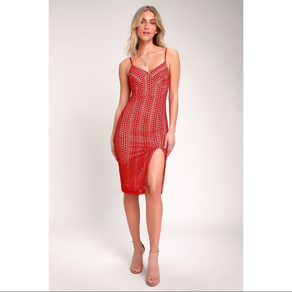 Lulu's New Rules Red Lace Bodycon Midi Dress size Medium
